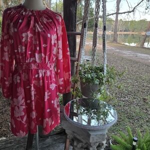 Free Assembly Pink Elastic Waist Long Sleeve Hibiscus Floral Midi Dress Size Med